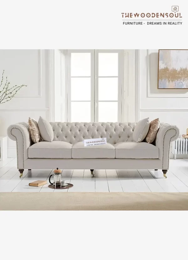 Kensington Chesterfield Ivory Fabric 3 Seater Sofa for Elegant Living Rooms
