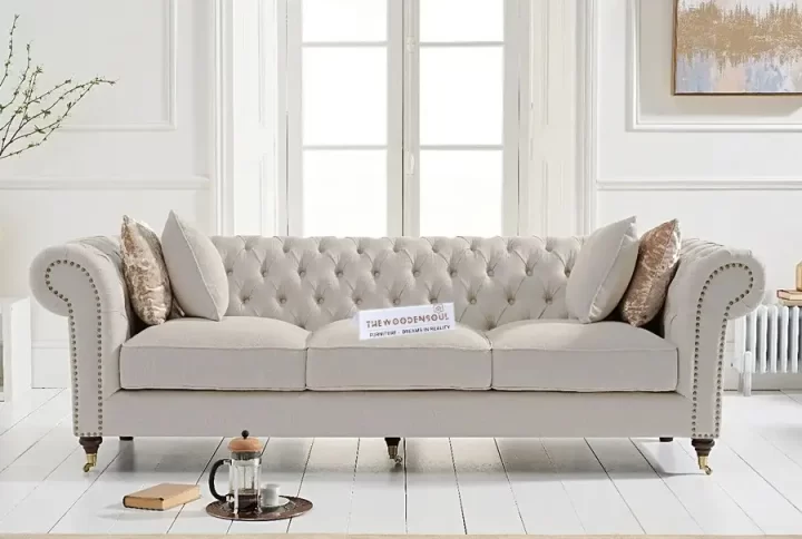 Kensington Chesterfield Ivory Fabric 3 Seater Sofa for Elegant Living Rooms