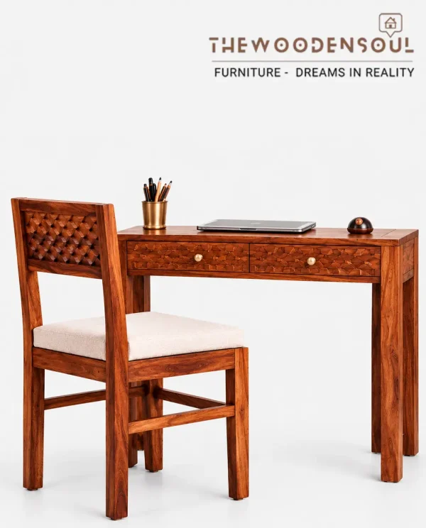 Sheesham Wood Writing Table in Rustic Teak Finish – Premium Wooden Study Desk by The Wooden Soul