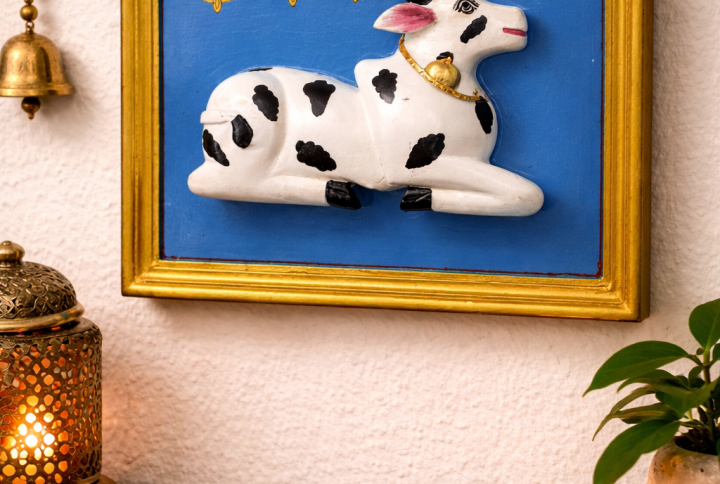 Traditional Kamdhenu Cow 3D Wall Art with Golden Frame