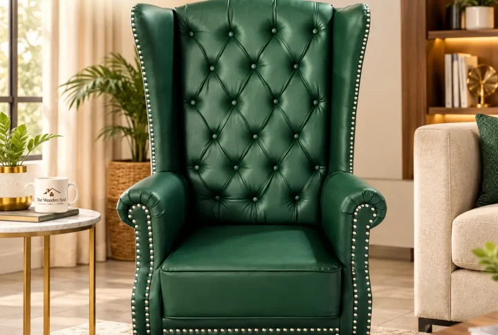 Maharaja green wingback chair with diamond tufted backrest and gold-tone legs