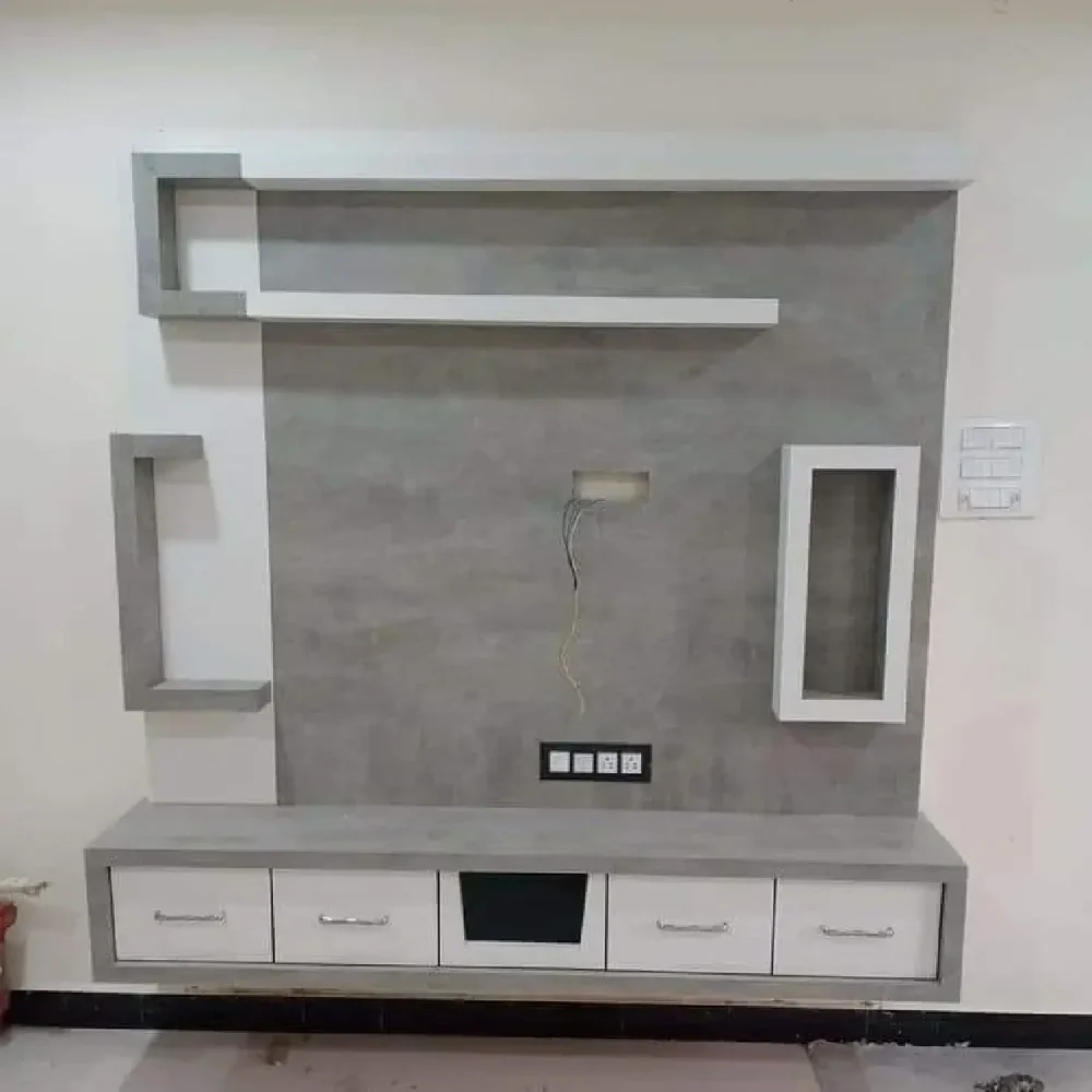 Modern Grey & White TV Unit with Wall Panel & Storage Drawers
