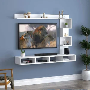 Modern White Wall Mounted TV Unit with Floating Storage Shelves