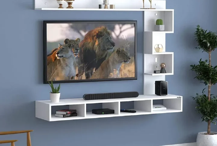 Modern White Wall Mounted TV Unit with Floating Storage Shelves